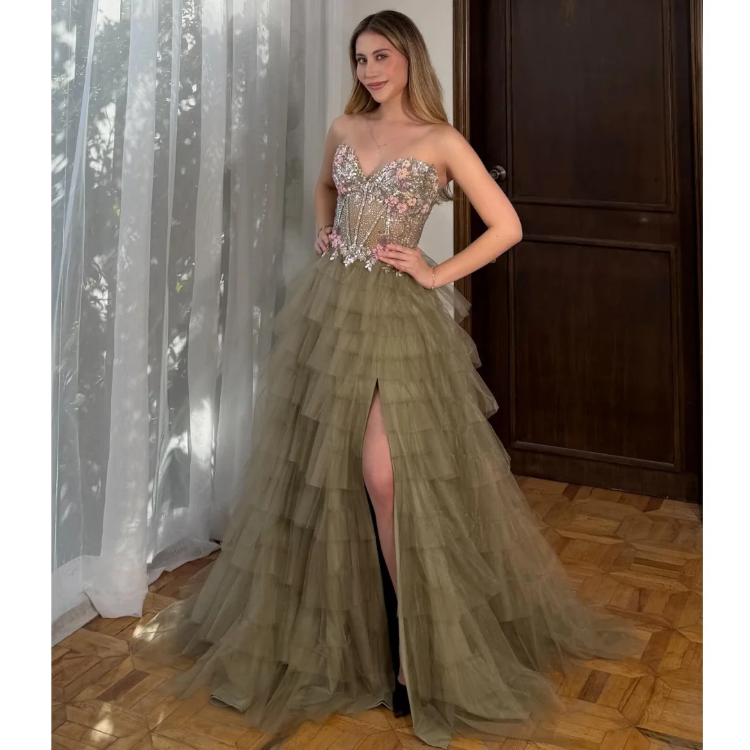 

Luxury Sequin Corset Prom Dresses Floral Appliques Tiered Ruffles Party Dress with Slit Formal Evening Gown Customized