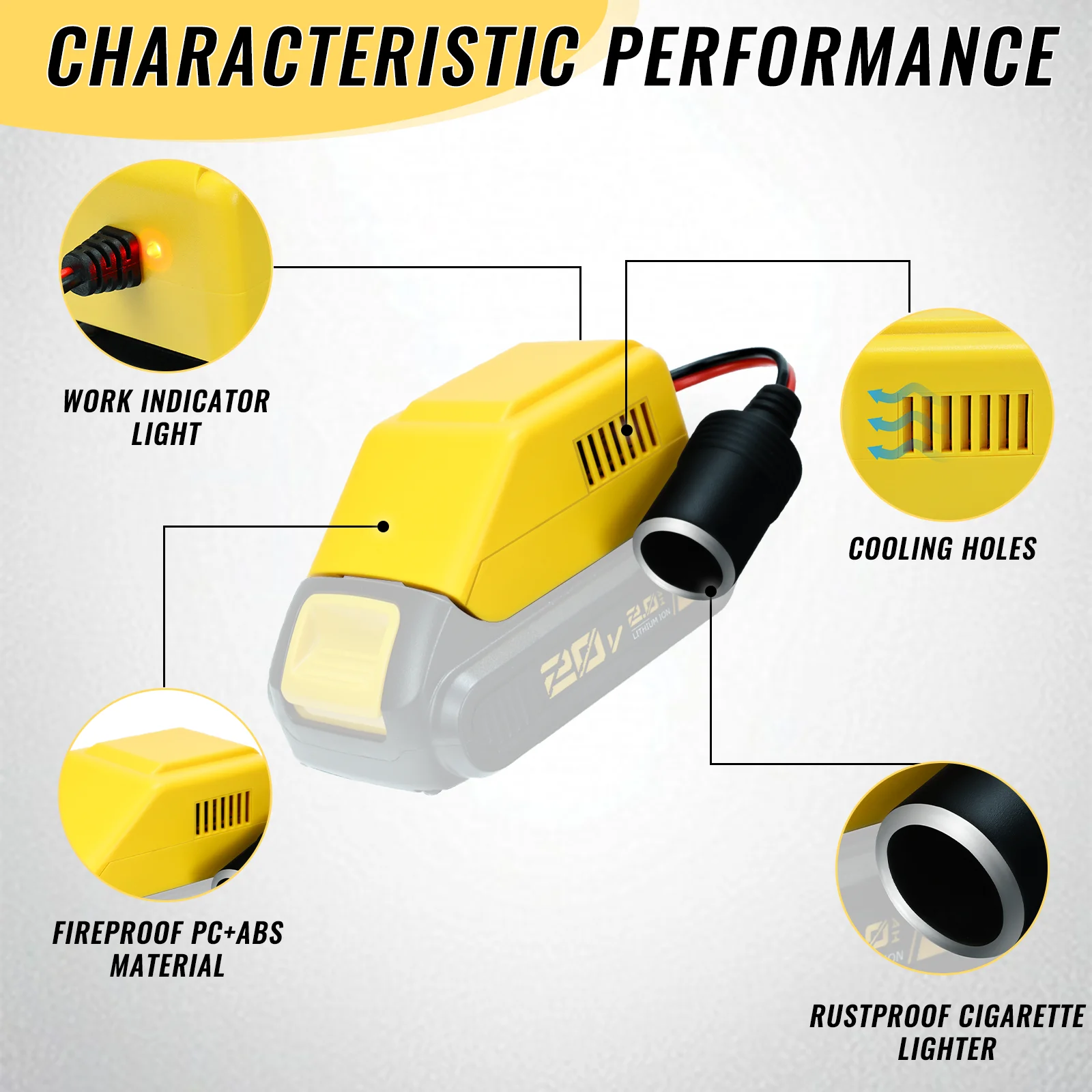 Adaptador com isqueiro para todos os aparelhos do carro, bateria máxima do Li-íon do Dewalt 20V a 12V