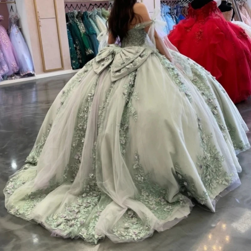 

Mexican Mint Quinceanera Dress Ball Gown Floral Applique Bow Corset Sweet 16 Prom Birthday Party Wear Vestido De 15 Anos 2025