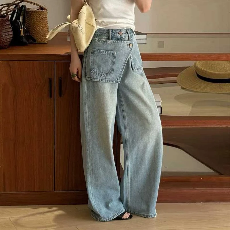

ZHISILAO New Irregular New High Waist Jeans Women Vintage Casual Wide Leg Straight Denim Pants Streetwear Spring Summer 2026