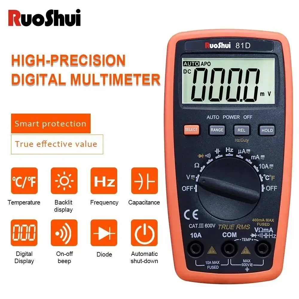 RuoShui 81D Mini Digital Multimeter 3999 Counts True RMS Temperature Capacitance Frequency Diode Tester Auto Range Multimetro