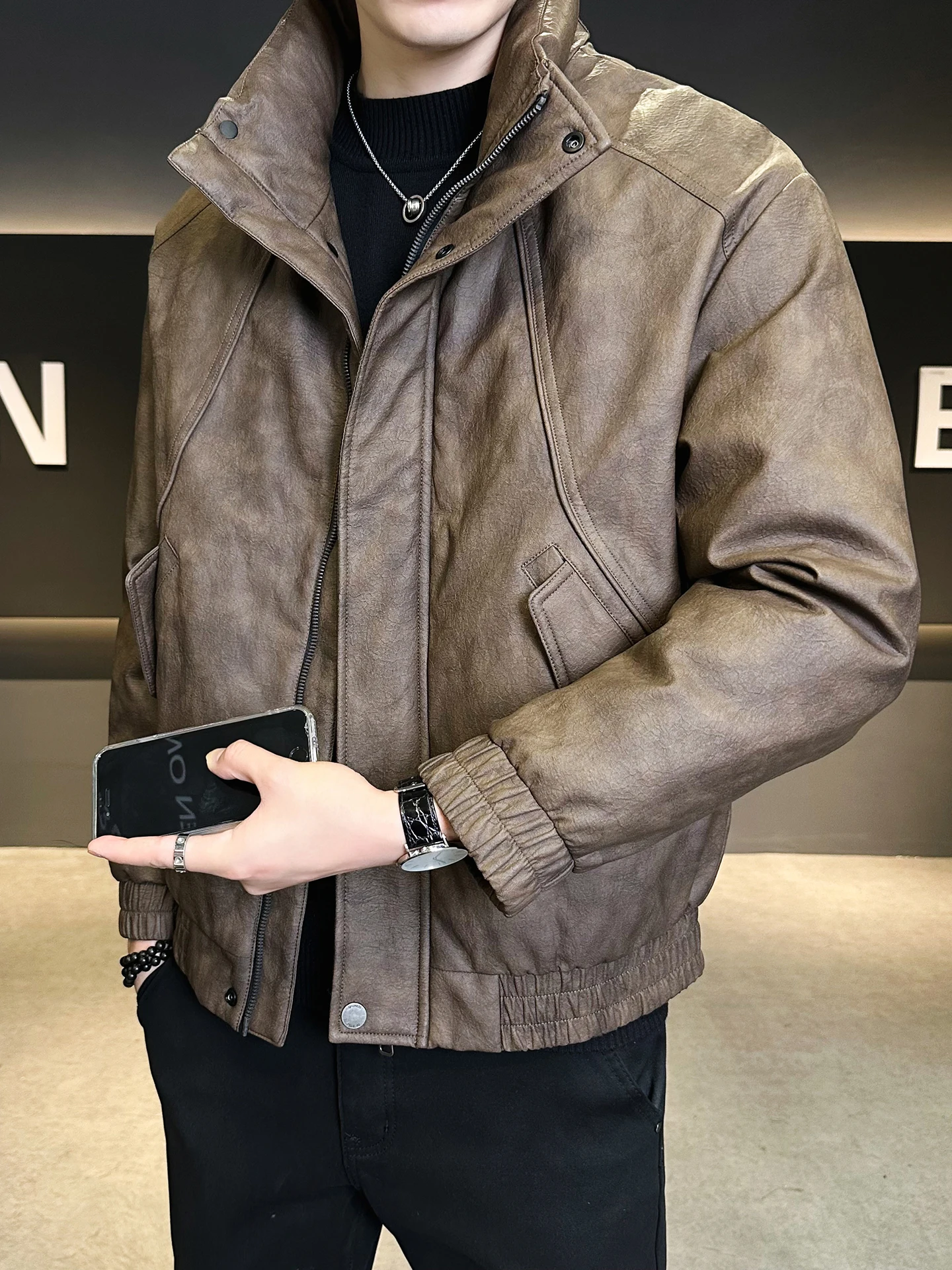 

Men's Leather down Jaet American Retro Thiened Warm Du down Coat Tie Dye Stand Collar Winter Proof Outerwear