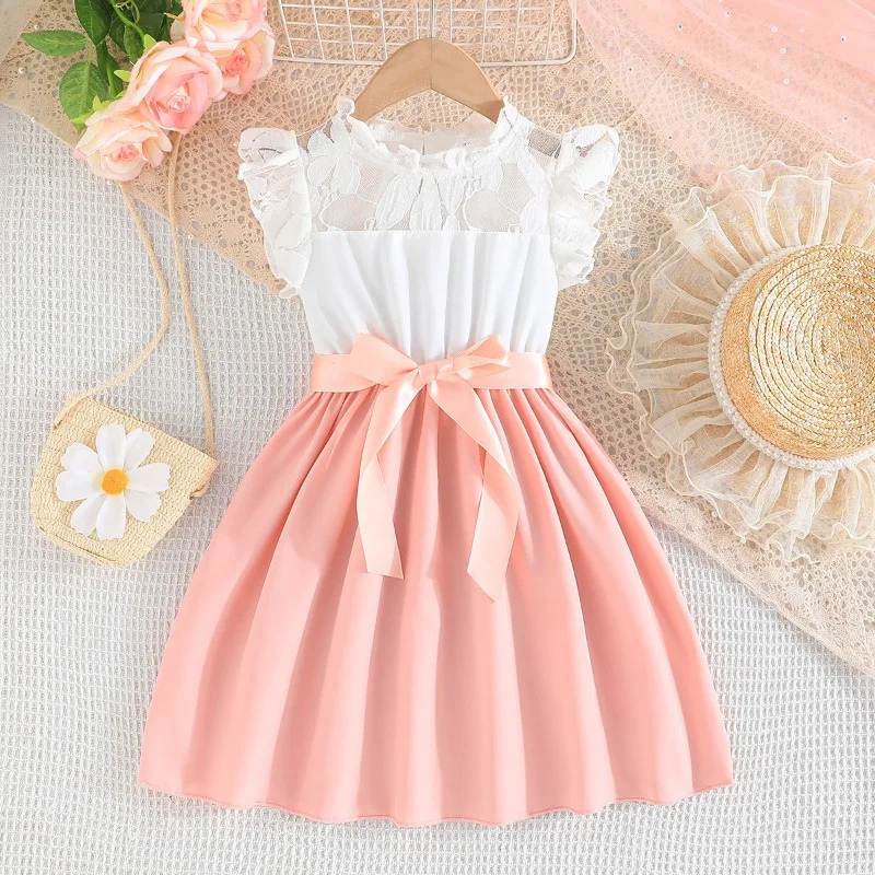 Vestido para crianças de 4 a 7 anos, aniversário, renda, manga com babados, botão, costas, vestidos de princesa, ootd para bebês meninas