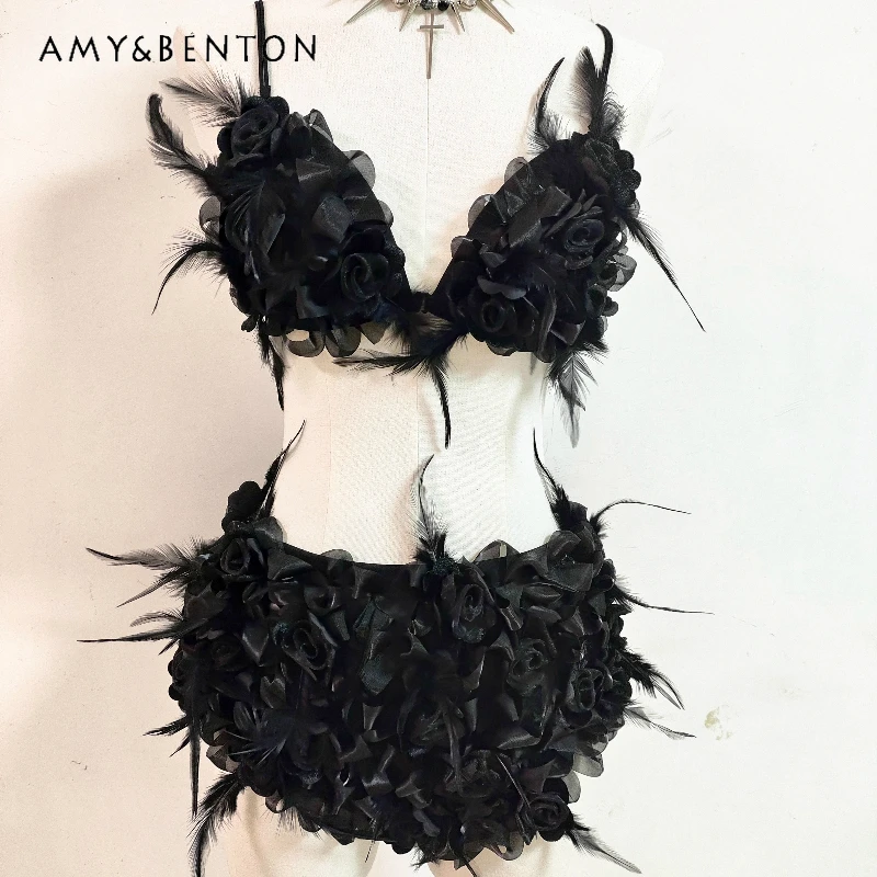 

European American Gothic Sexy Dark Three-Dimensional Feather Flower Women's Sling Bra New Design Performance Shorts Set Ladies