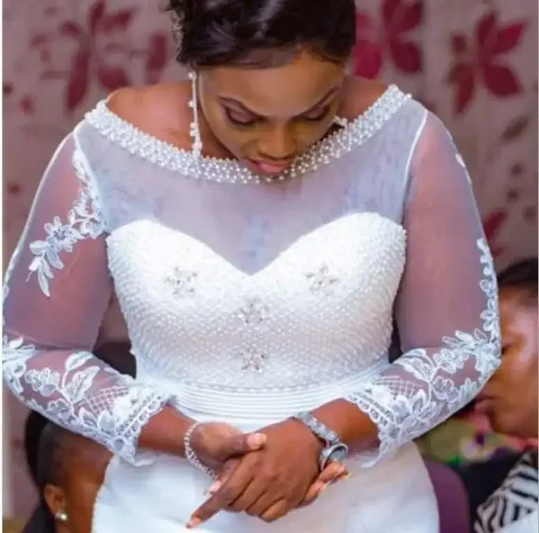 Customized High Quality African Woman Wedding Dress Plus Size Mermaid Illusion Long Sleeves Bridal Ball Gown