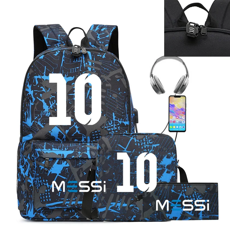 Messi Backpack 3pcs Usb Waterproof Backpack Casual Travel Backpack Women Men Large Capacity Travel Laptop Backpack School Bags