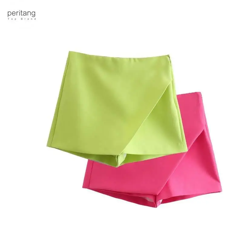 

PERITANG New Women Fashion Candy Color Asymmetrical Shorts Skirts Lady Zipper Fly Pockets Hot Shorts Chic Pantalone Cortos