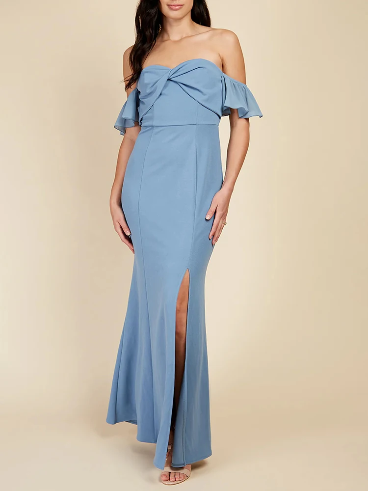 Lucyinlove-vestido de noche elegante de gasa azul sin tirantes, vestidos de dama de honor con abertura larga para mujer, vestido de noche elegante para fiesta y graduación