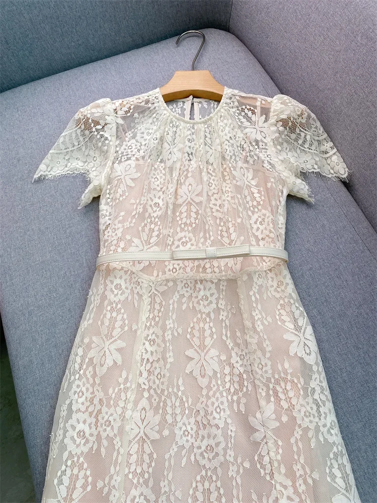 

Lace Mermaid Long Dress Women Short Sleeve Elegant O-neck Temperament Lady Robe with Belt Spring Summer 2025