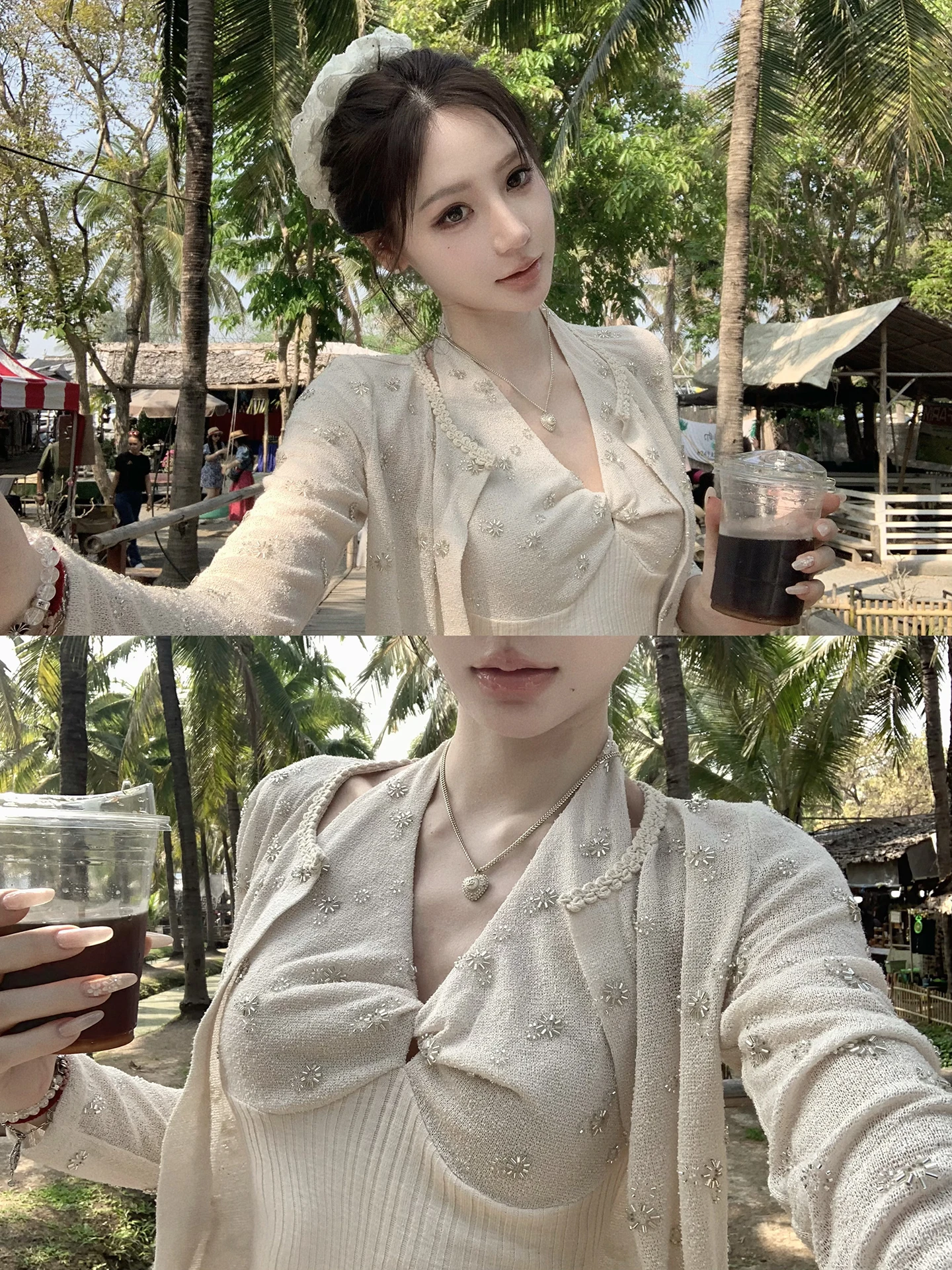 

Pinky Piggy Knitted Vest Cardigan Heavy Embroidery Drill Knot Hanging Neck Knitwear Fashion Set for Women Elegant Style Sprin...