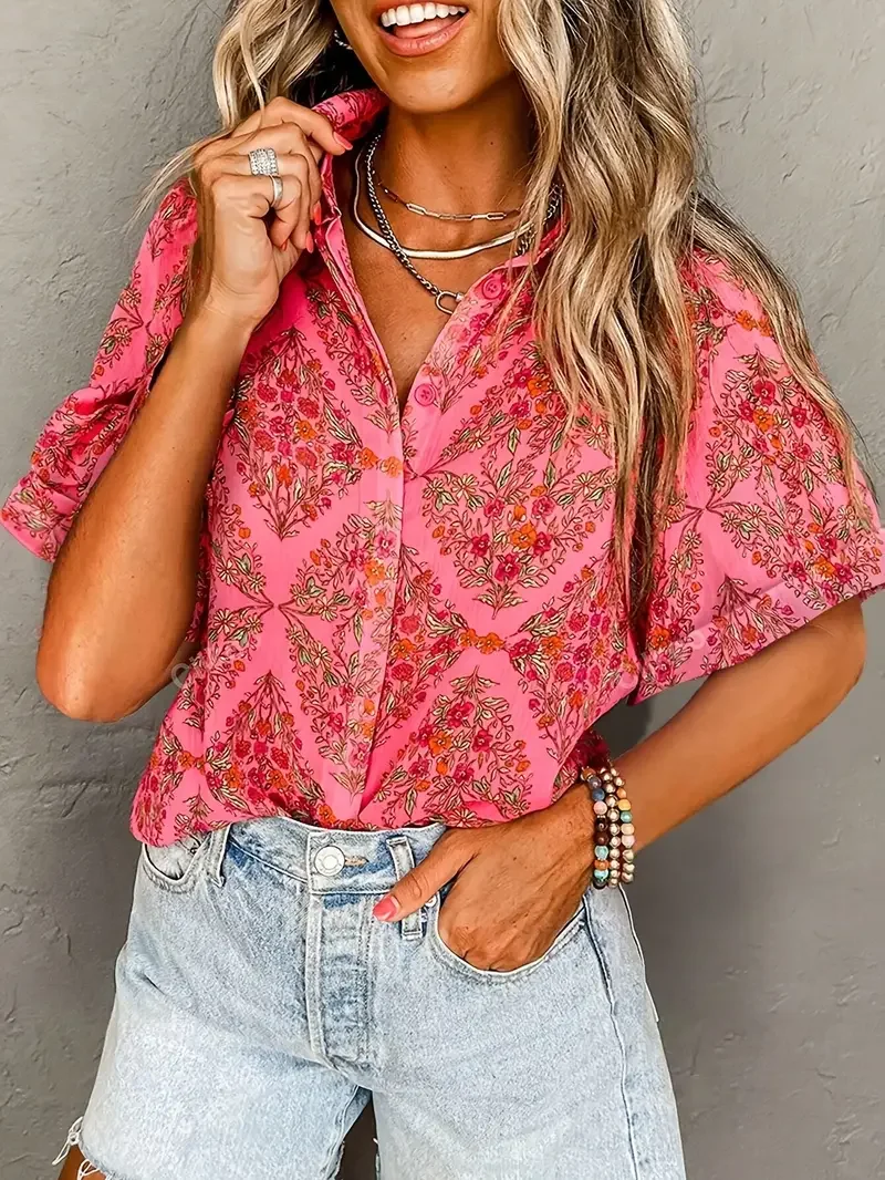 

Plus Size 1XL-5XL Women Fashion Floral Print Short Sleeve Shirt Blouse Ladies Casual Flip Collar & Button Front Boho Blouse