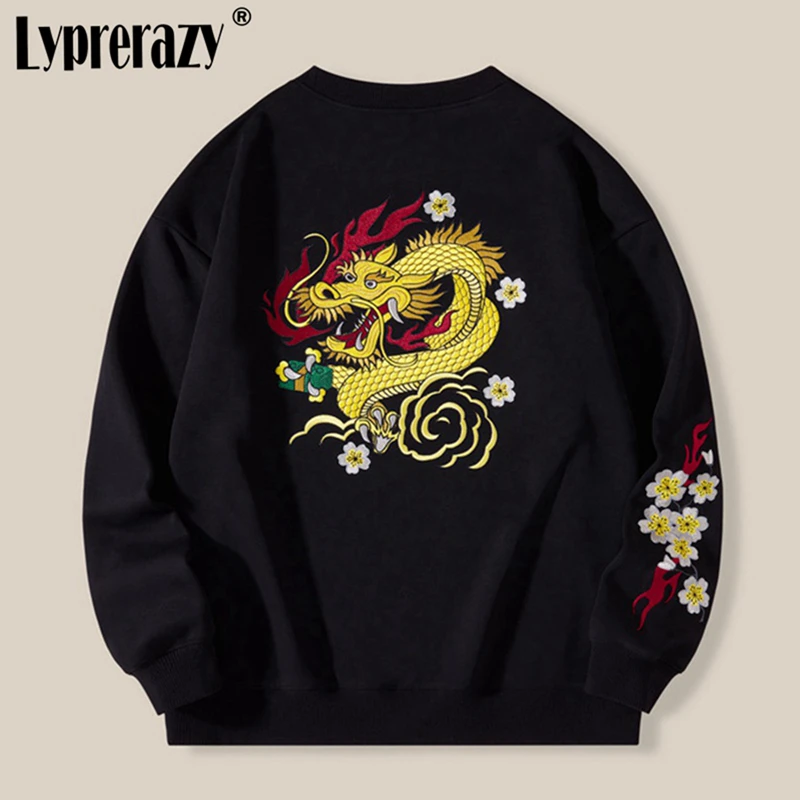 Lyprerazy Autumn Winter New National Tide Dragon Embroidery Hoodies Chinese Style Men Cotton Round Neck Pullover