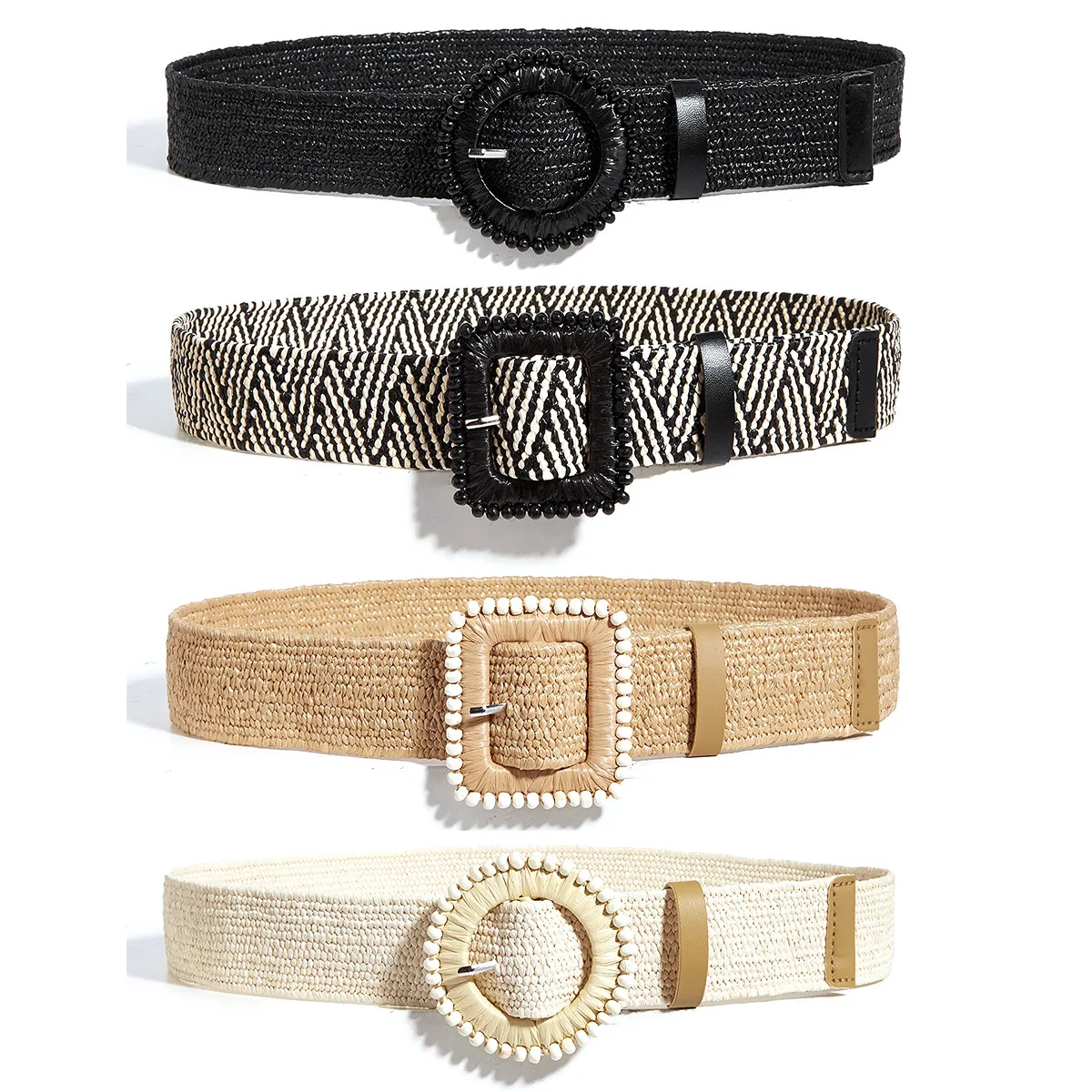 المرأة جولة مربع مشبك حزام جديد الكورية نمط القطن والكتان العشب المنسوجة فستان قميص طويل الزخرفية متماسكة البيج 100 سنتيمتر #2