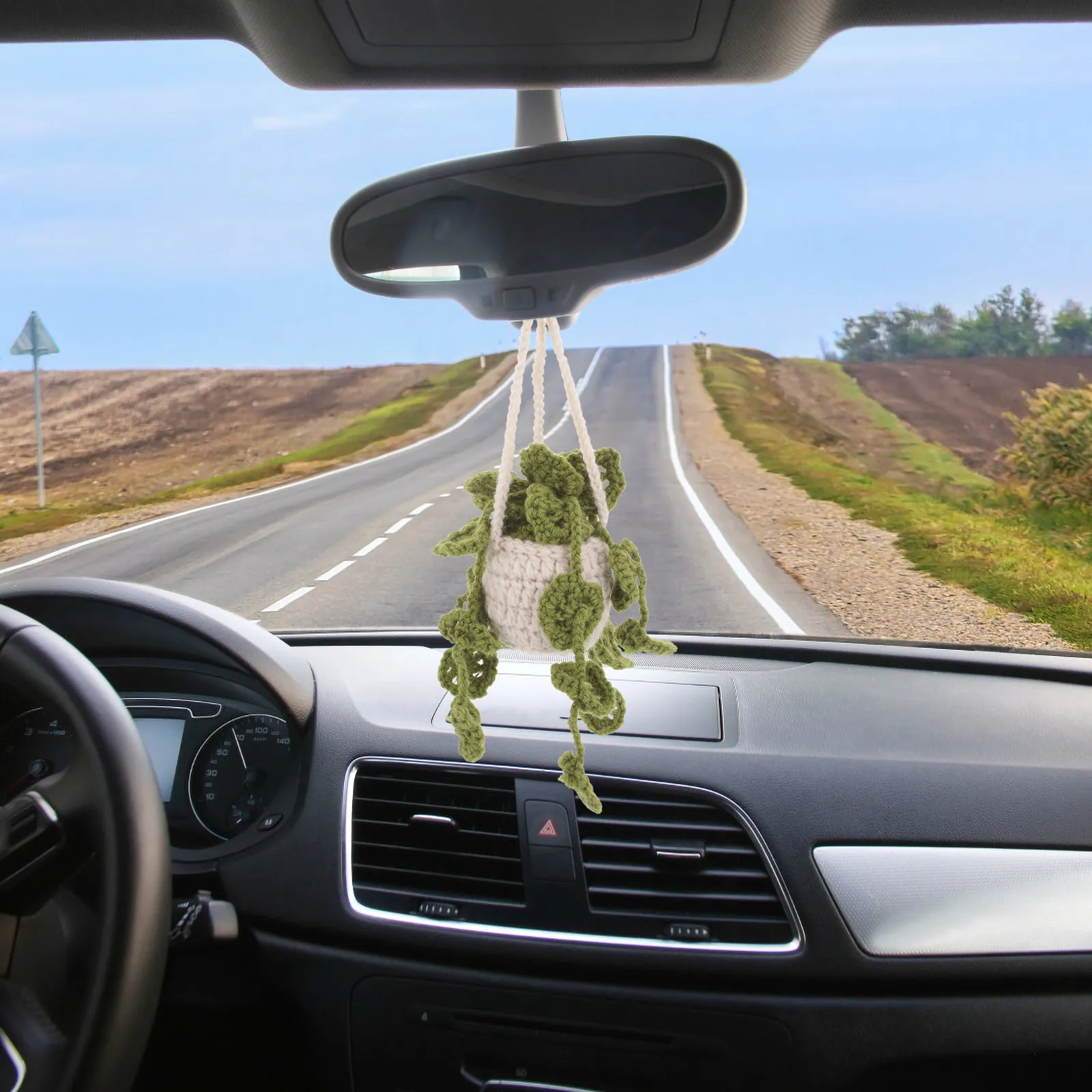 

Handcrafted Crochet Plant Hanging Car Ornament for Rearview Mirror Warm Cozy Interior Decor Soft Wool Car Decoration Aesthetic