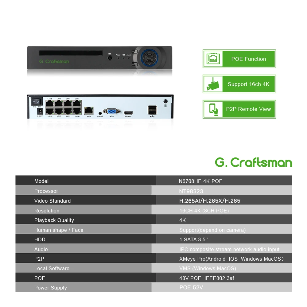 XMeye 4K 8ch POE NVR Suporte 16ch 4K Network Video Recorder H.265 + Onvif 1 HDD 24/7 Gravação Câmera IP Onvif P2P Sistema ICSee