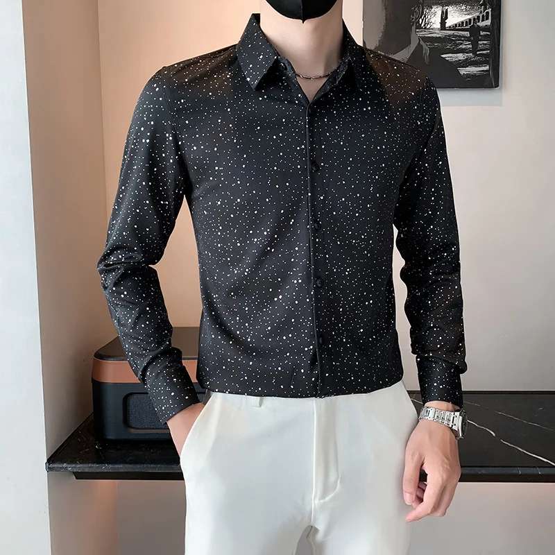 

Autumn Bronzing Star Pattern Casual Shirts For Men Party Club Lapel Button Down Camisas De Hombre Slim Fit Korean Social Blouses