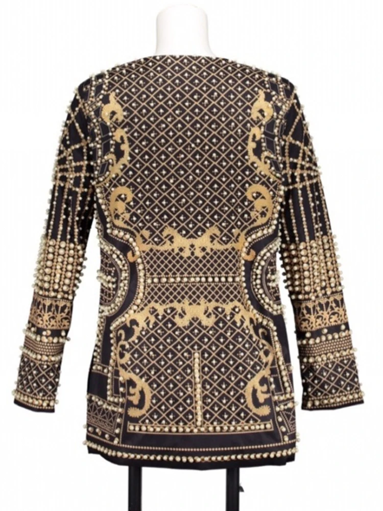 ZOCI Fashion Women Blazer V-neck Embroidered Flares Patchwork Printing Long Sleeve Slim Suit Coat Spring 2025 New Tide FC1268