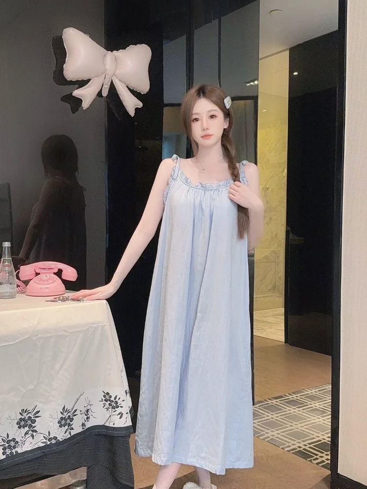 Woman Sling Nightgown with Chest Pad Summer Ins Sleepwear Girl Cute Long Style Skirt Wear Outside Student Lounge Clothes Dress