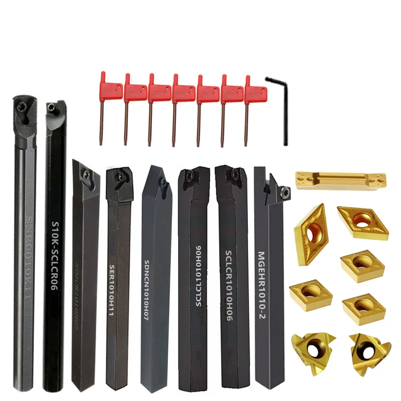 8Sets of 10MM CNC Lathe Turning Tool Holder Boring Bar with Applicable Inserts and Wrenches Set for Turning Threading