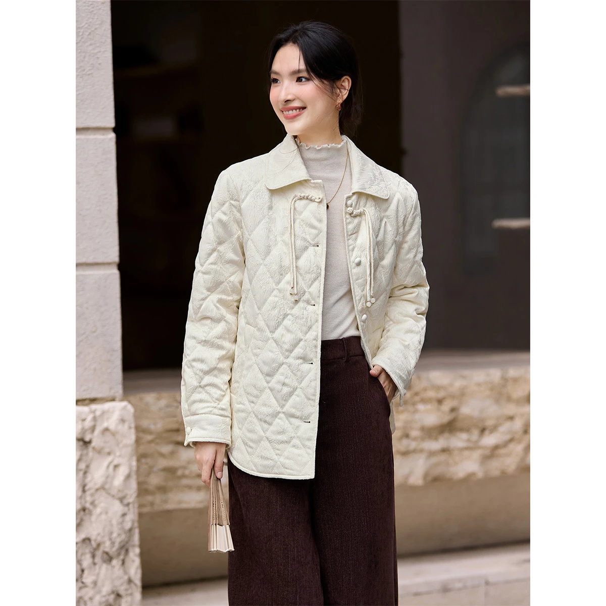 

VIMLY женские парки, пальто, осень 2022, китайский стиль, ромбический узор, одна пуговица спереди, воротник-поло, универсальная верхняя одежда A3120