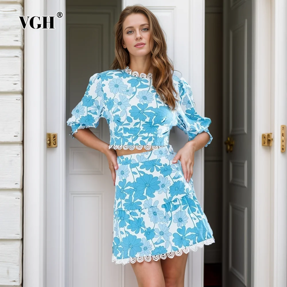 

VGH Elegant Printing Two Piece Sets For Women Round Neck Short Sleeve Top High Wasit A Line Skirt Temperament Set Female Fashion