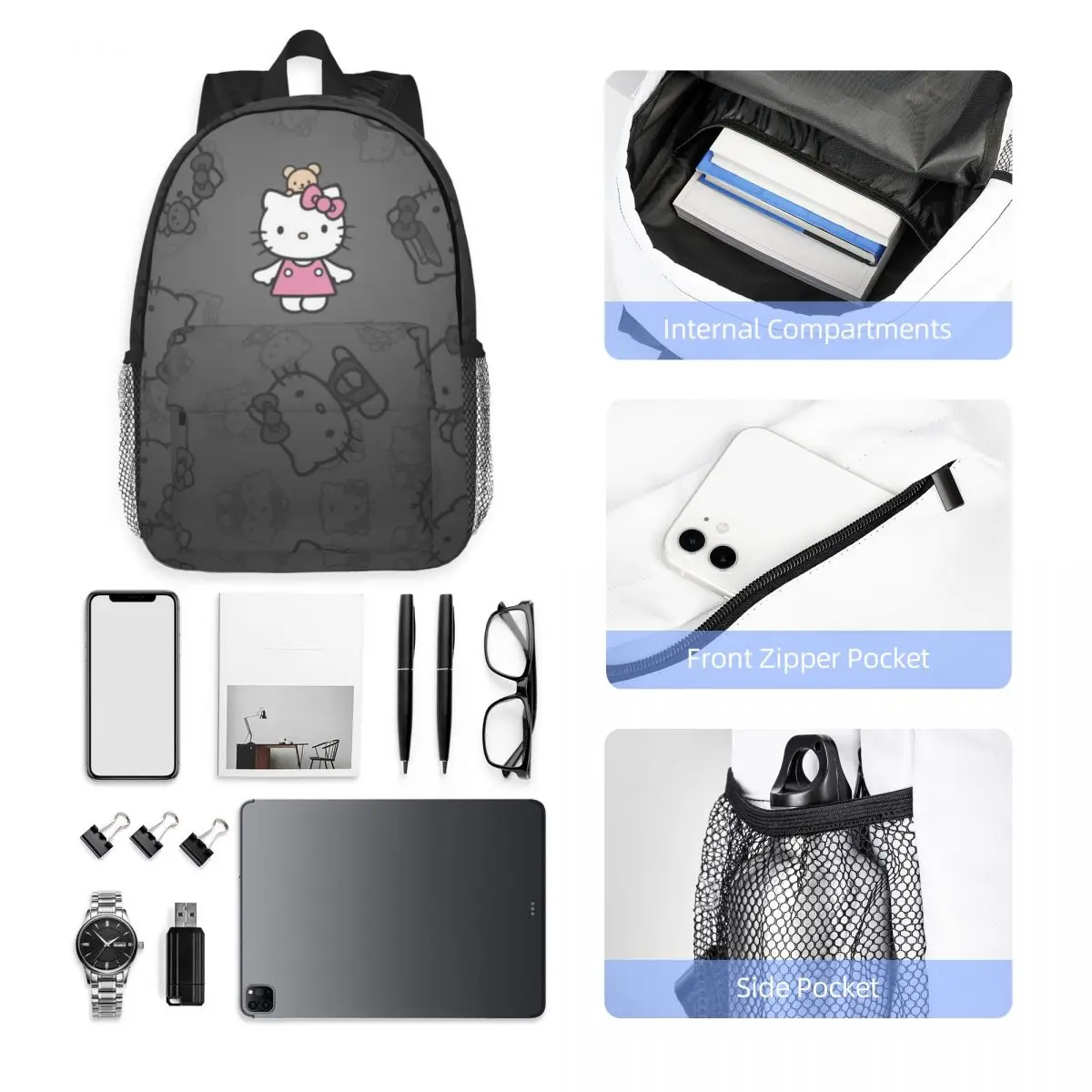 Mochila leve Hello Kitty de 15 polegadas – Bolsa versátil e elegante para escola, viagens e uso diário