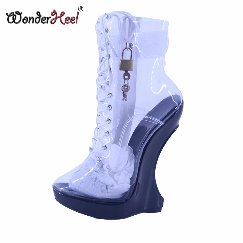 Wonderheel nuevo tacón alto extremo 18 cm con plataforma de 3 cm botines transparentes candados club nocturno Super Girl botas de cuña sexis