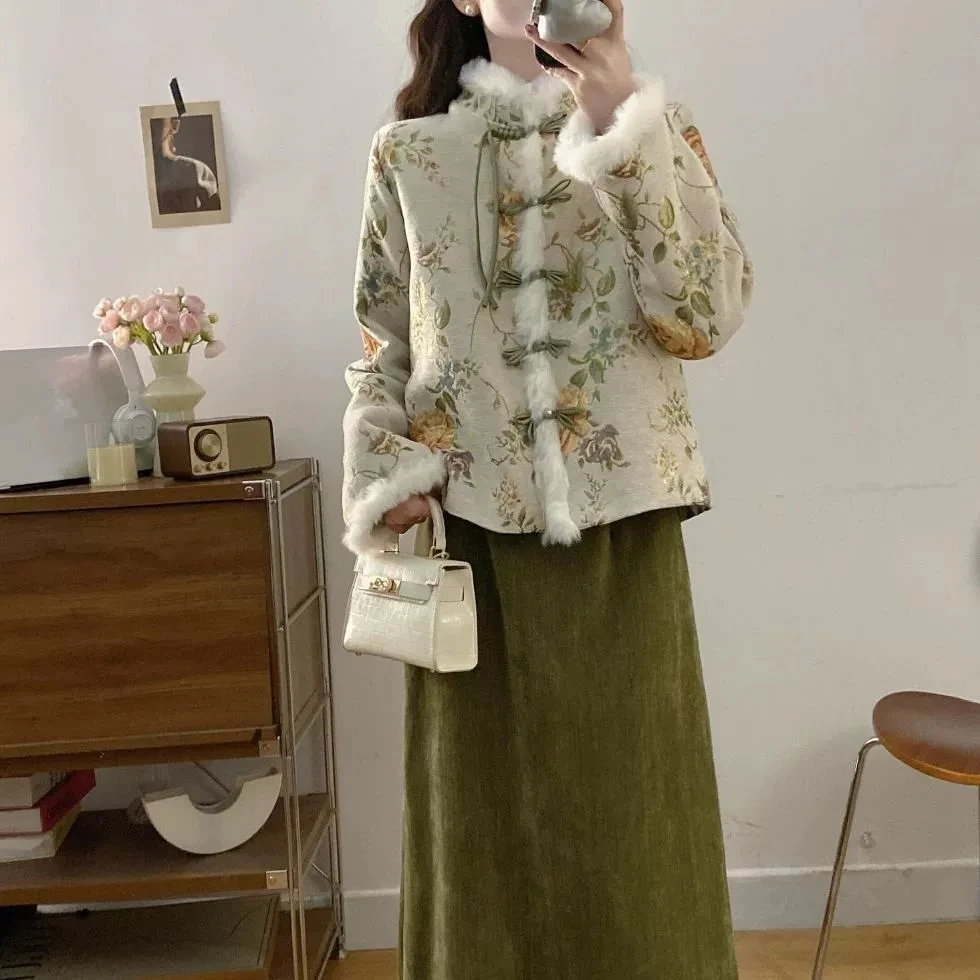 

2026 женский винтажный комбинезон Cheongsam с длинными рукавами и вышивкой на талии, длинная юбка