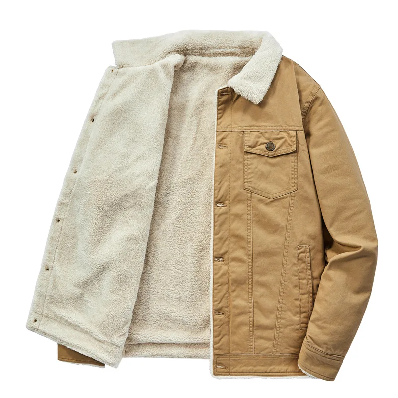 New autumn/winter jacket, cotton-padded coat, fleece-lined, thickened lamb wool lapel, men's workwear cotton-padded coat