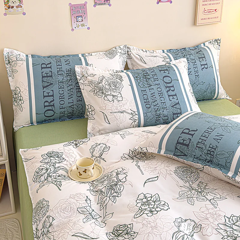 Classic Pastoral Floral Theme Design Duvet Cover Solid Color Simple Lines Flower and Letter Print Bedding Home Hotel Decoration