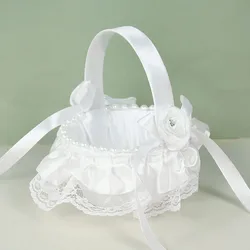 1Pc Small Flower Girls Baskets for Weddings Silk White Petal Basket with Handle for Flower Girls 16 x 12 x 6.5 cm