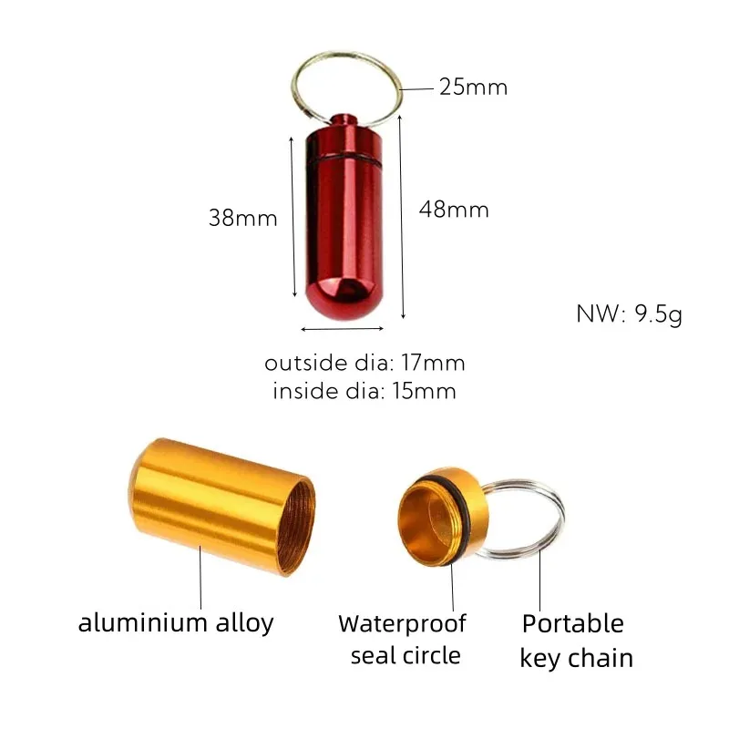 صندوق حبوب دواء صغير محمول مقاوم للماء زجاجة مختومة حاوية تخزين معدنية صغيرة محول لوحي الطب حلية سلسلة مفاتيح لطيفة