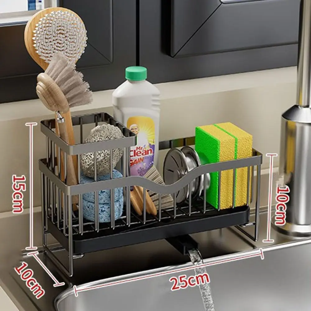 

Black/Silver Self-Draining Sink Shelf Moisture-proof Space Saving Soap Sponge Holder with Water Tray Waterproof