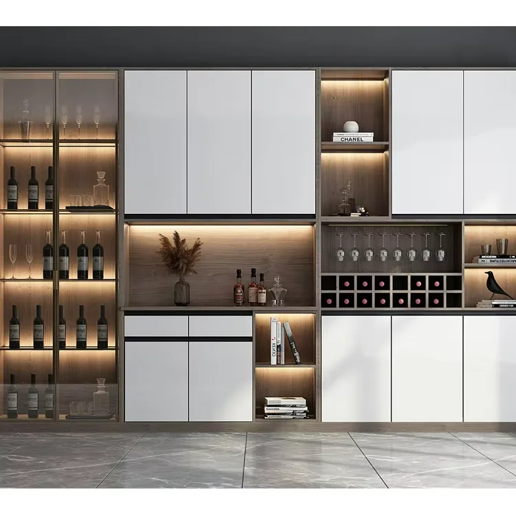 

Экологичный современный винный шкаф-витрина из дуба с подсветкой и панелями из нержавеющей стали для демонстрации напитков