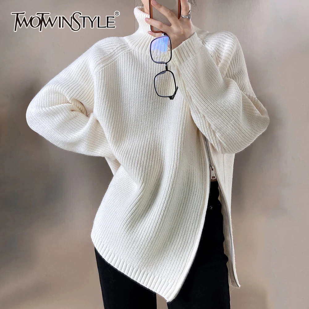 TWOTWINSTYLE Solid Slimming Knitting Sweater For Women Stand Collar Long Sleeve Casual Pullover Sweaters Female Fashion Style