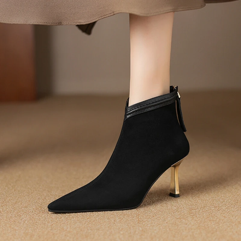 NEW Autumn Women Boots Sheep Suede Leather Shoes for Women Pointed Toe Thin Heel Ankle Boots High Heel Shoes Solid Modern Boots