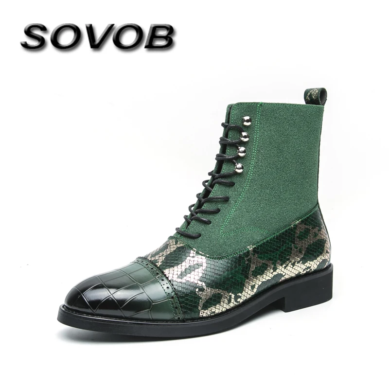 

Snake Print Men Chelsea Boots Large Size 38-46 High Top Flat Leather Shoes Men Green Boots Comfortable Lace-Up Men's Ankle Boots