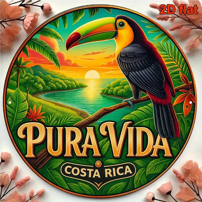 2D Flat, Large 8x8 Inch (20x20cm) Costa Rican Tropical Decor Sign - Vintage Pura Vida Wall Art Plaque with Toucan, Spanish Lette