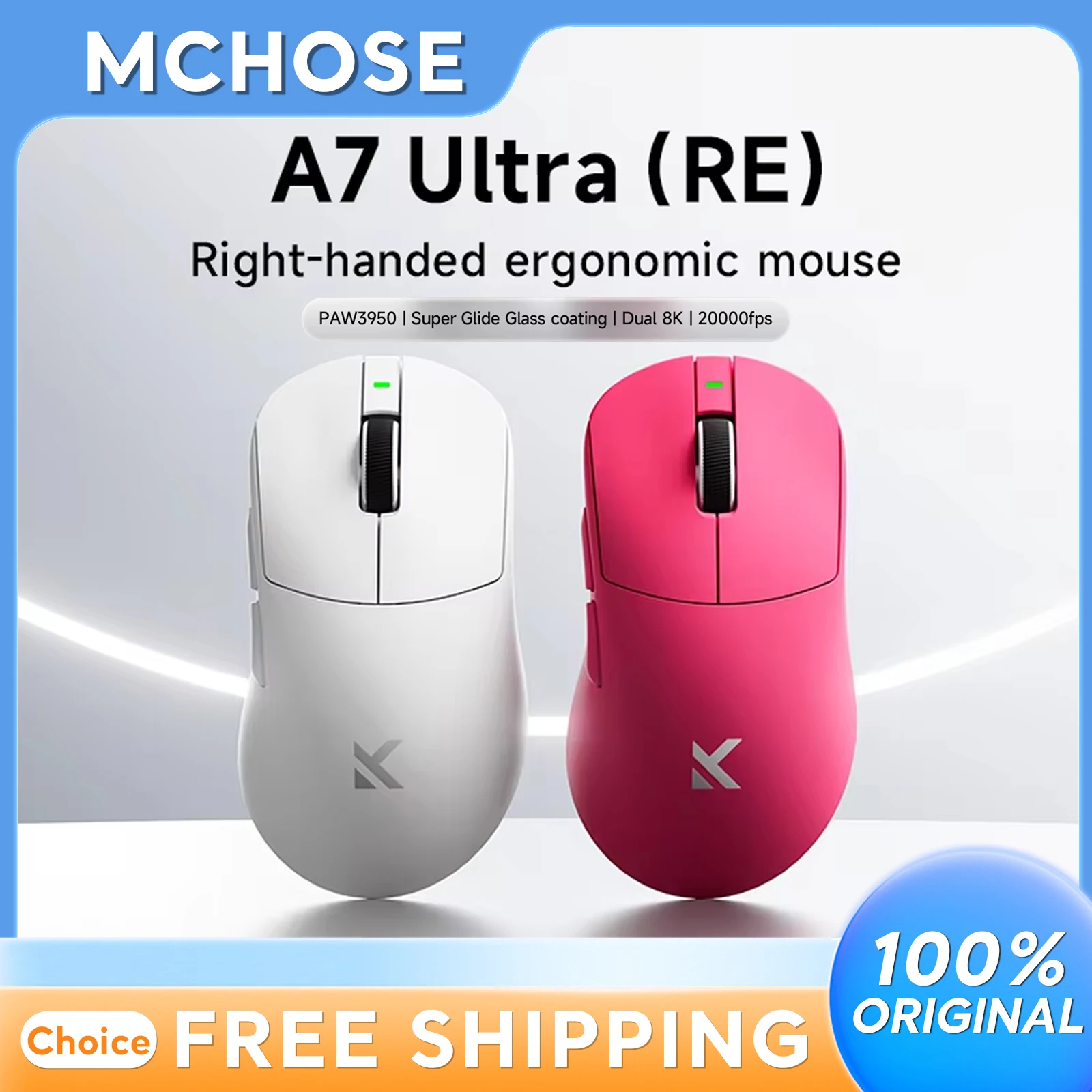 

MCHOSE A7 Ultra RE Lightweight Gaming Mouse with Ergonomic Design 8K 20000fps 42000DPI 750IPS Super Glide Coating 500mAh Battery