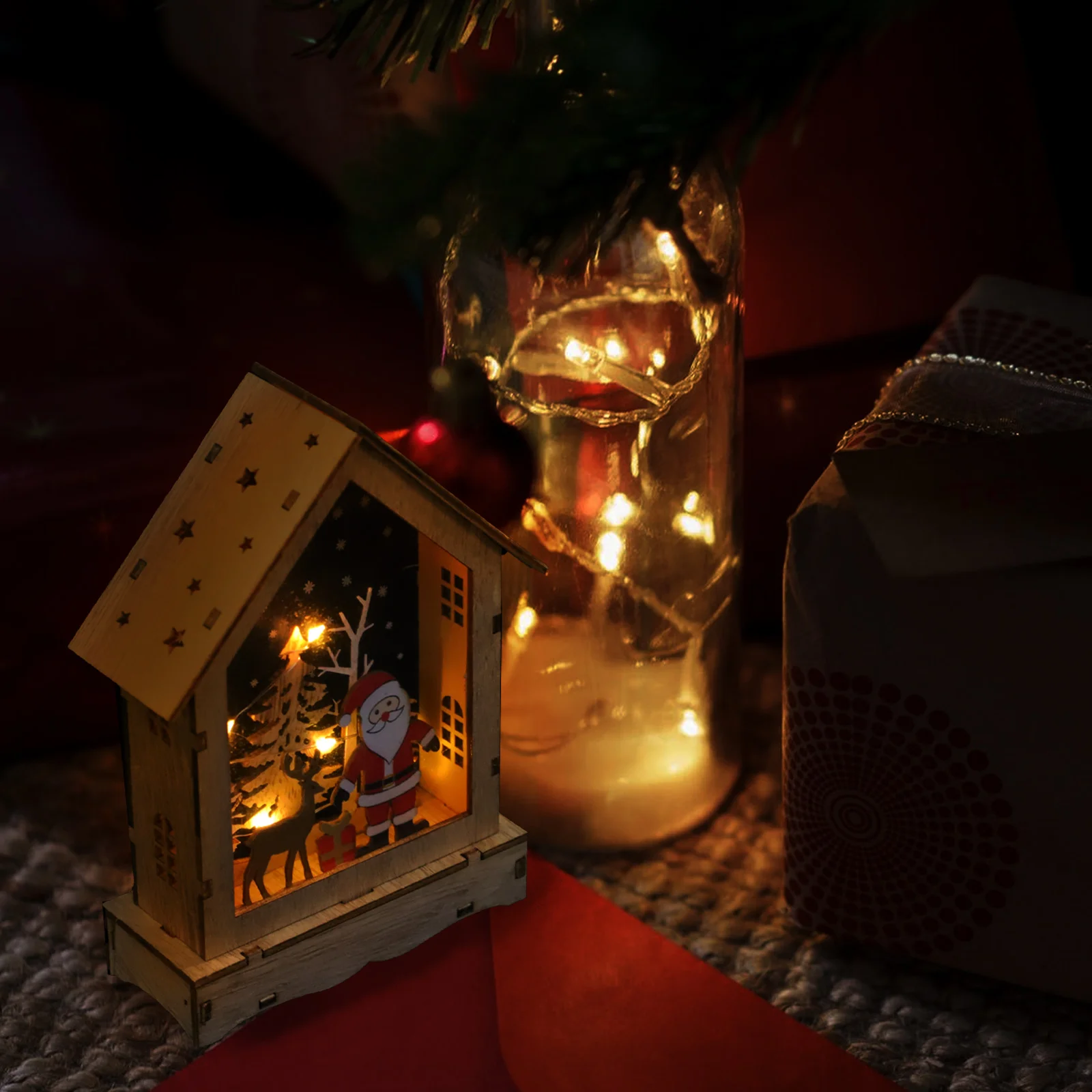 House Decorative Lights Ornament Xmas Adornment Wooden Miniture Decoration Christmas Scene