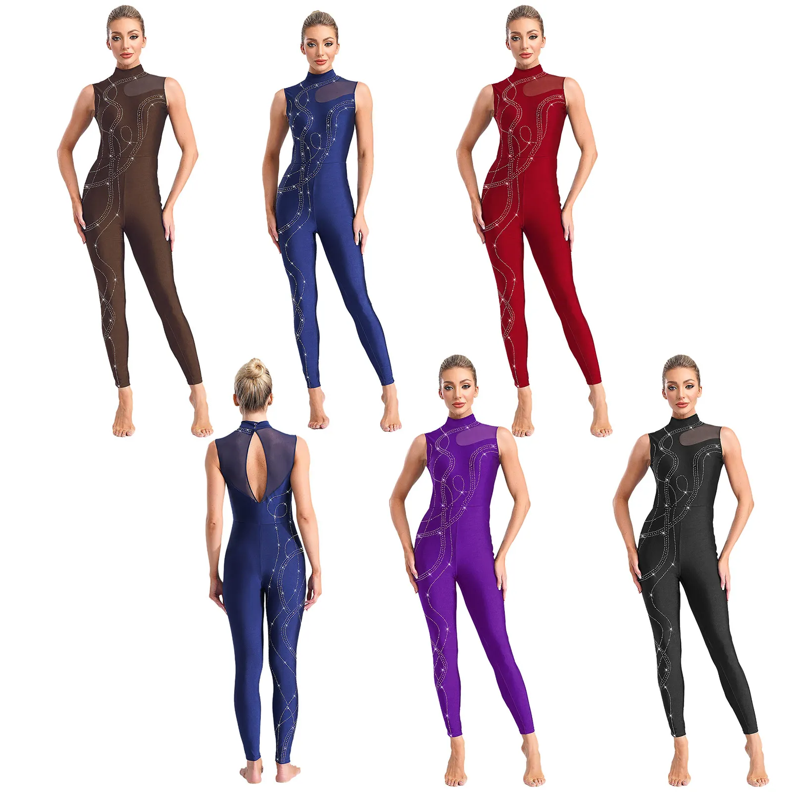 

Elegant Women's Gymnastics Dance Jumpsuit Ballet Leotard Sparkling Rhinestone Sheer Mesh for Rhythmic Yoga Dance Competition