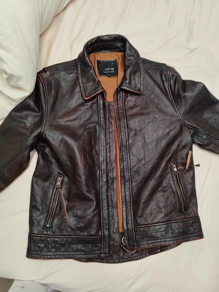 

Amekaji American Retro Men's Genuine Top-Grain Cowhide Leather Jacket - Short-Length Biker Style, Stone Washed Distressed Fashio