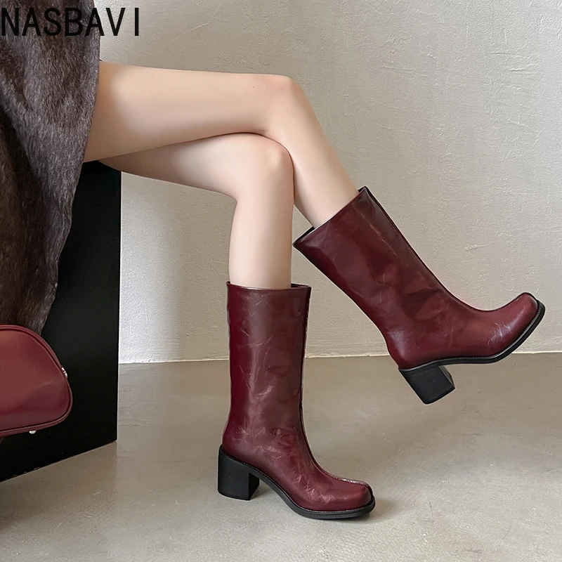NASBAVI News Fashion Women Mid Calf Boots Autumn Cow Leather Winter High Heel Retro Square Toe Warm Dress Lady Short Boots 34-39