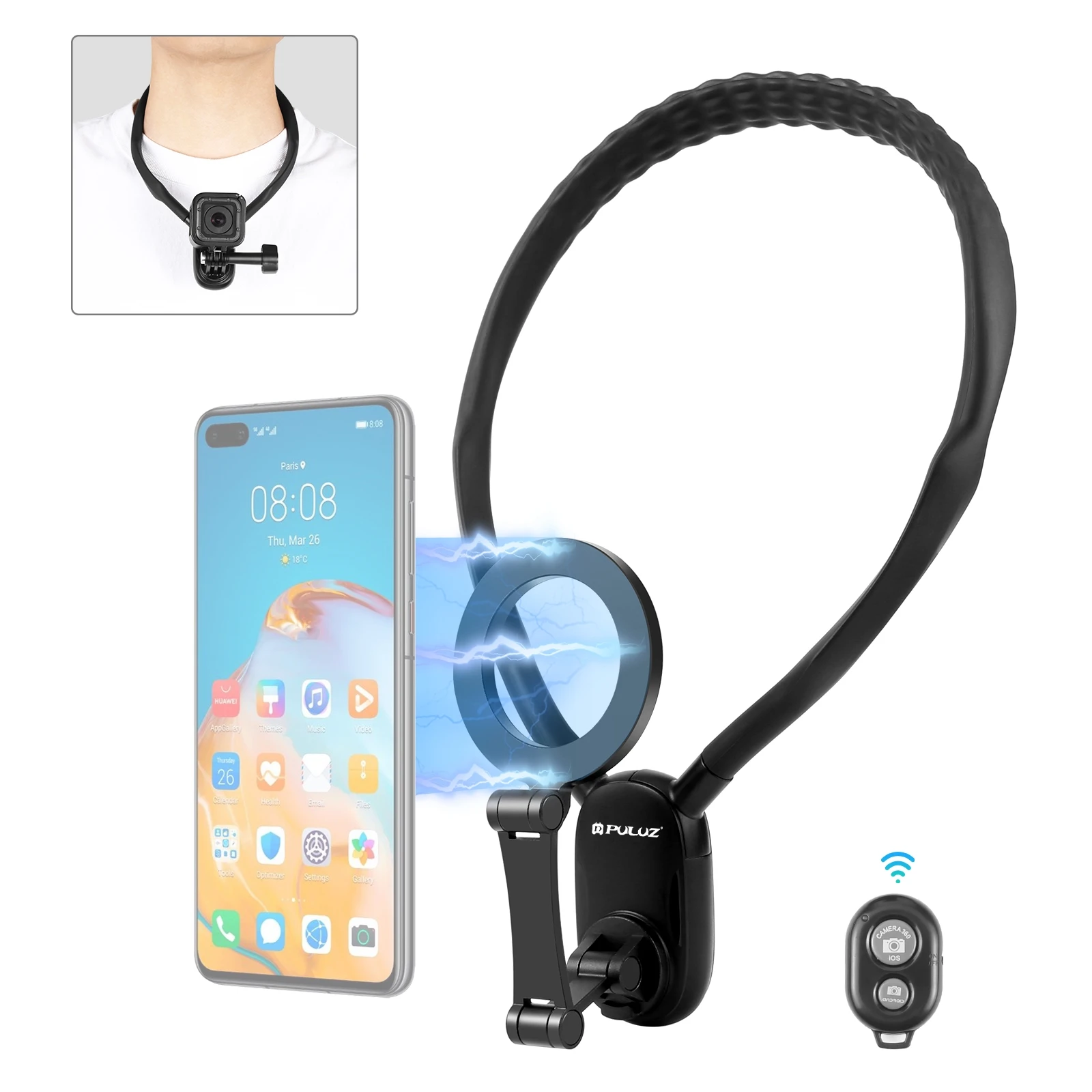 PULUZ Magnetic Collar Bracket POV View Mount with Phone Clamp for GoPro / DJI / Insta360 Action Cameras & Smart Phones