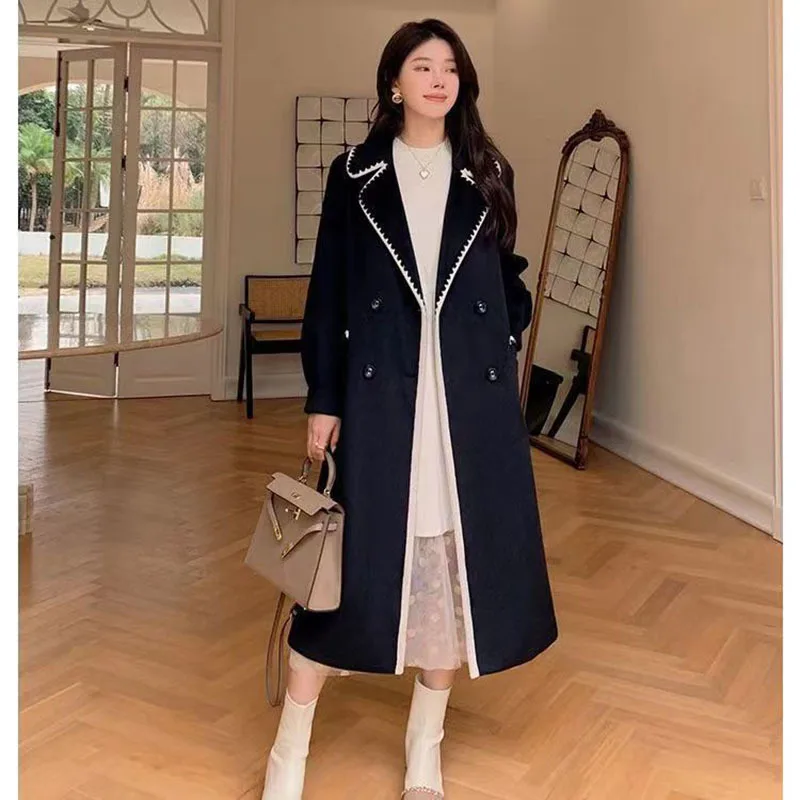 

2022 Autumn And Winter New Small Fragrant Style Black Long Knee-length Temperament Thickening Loose And Thin Woolen Coat Women