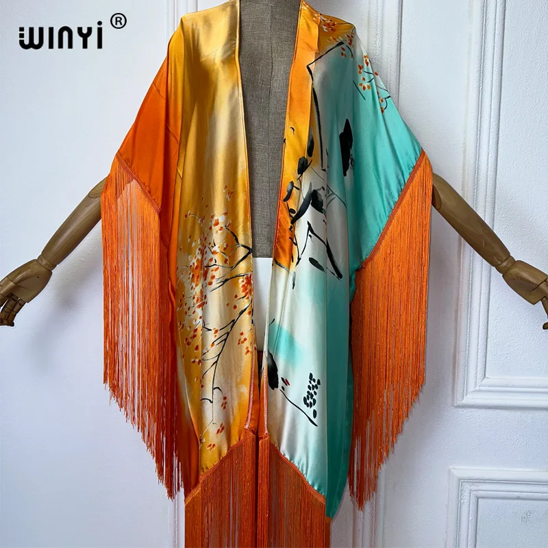 WINYI tassels kimono cover-up summer print Bikini Cover-up Elegant fashion Cardigan sexy Holiday long Sleeve tassels maxi dress