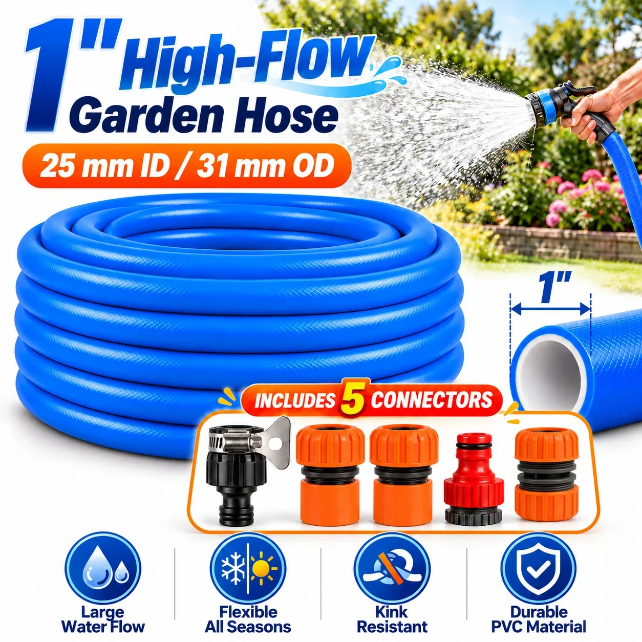 1 Inch Garden Hose 25mm ID High Flow PVC Water Pipe Kink Resistant Flexible Heavy Duty for Outdoor Garden Yard Watering 5-50M