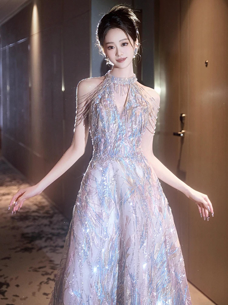 

uey Bulan Bridal Evening Gown Sparkling Performance Dr Hang Ne Design Wedding Dr Long A-Line Skirt Korean Sle