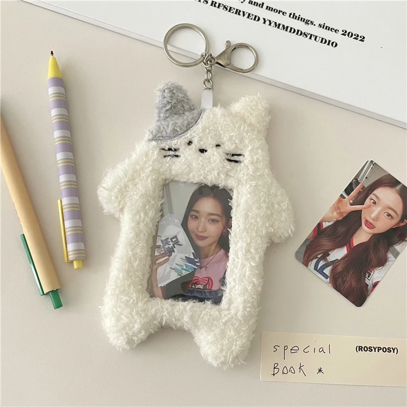 INS Cute Cat Rabbit Plush Photocard Holder Korean Idol Photo Sleeve Protective Case Student ID Card Cover With Keychain Pendant