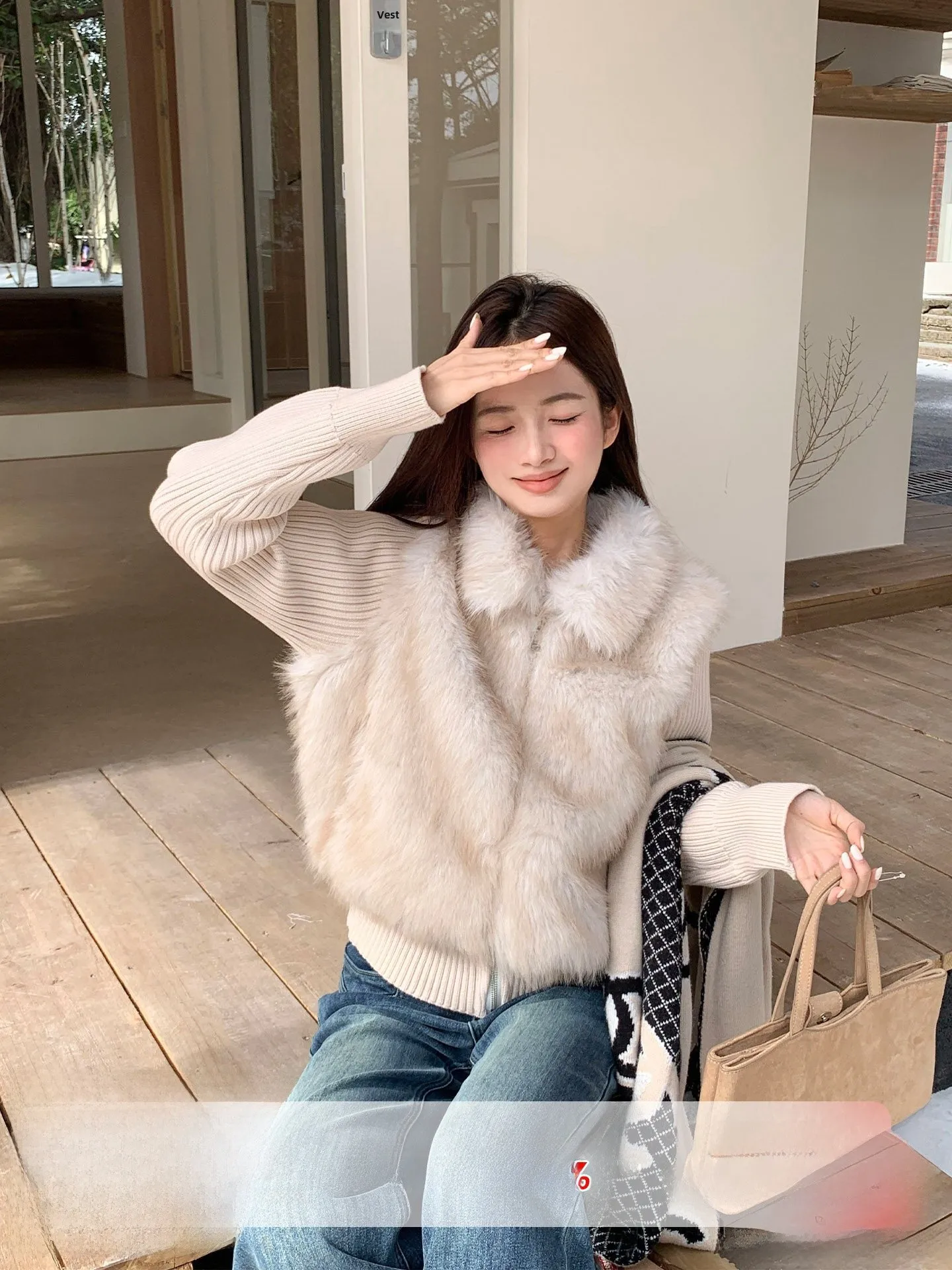 

Зимняя женская вязаная жилетка с меховыми вставками и дизайном в виде апельсинового дерева, корейский стиль, утягивающая, из экологичного полиэстера